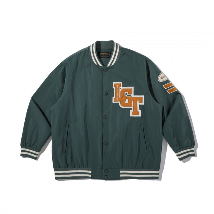 Unisex College Bomber Jacket with quilted patch, striped ribbed hems and snap button placket Mune Fashion