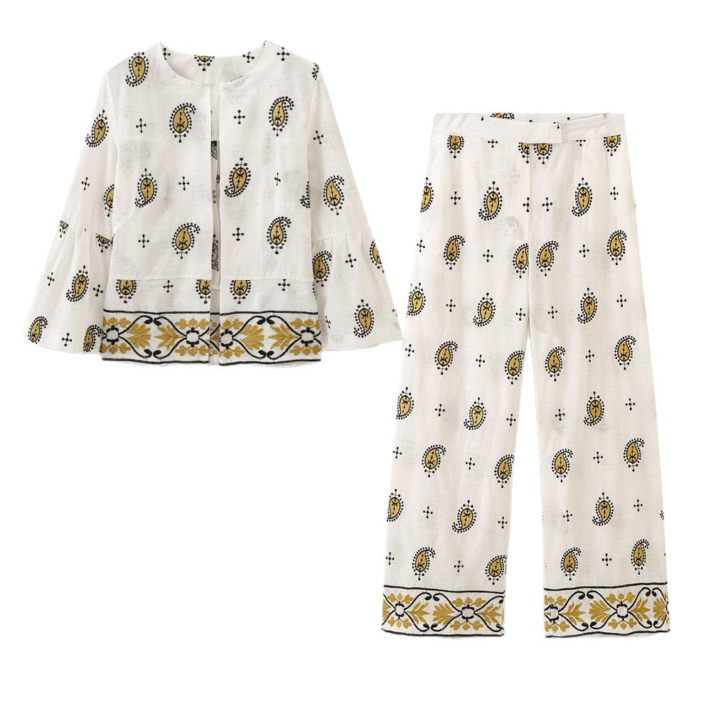 Women's Wide Linen Pants with Paisley Print and Embroidered Hem Mune Fashion