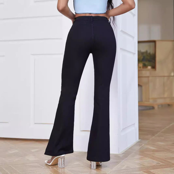 Women High-Waist Flared Trousers made of Stretch Denim with Pocket Flaps and Front Slit Mune Fashion