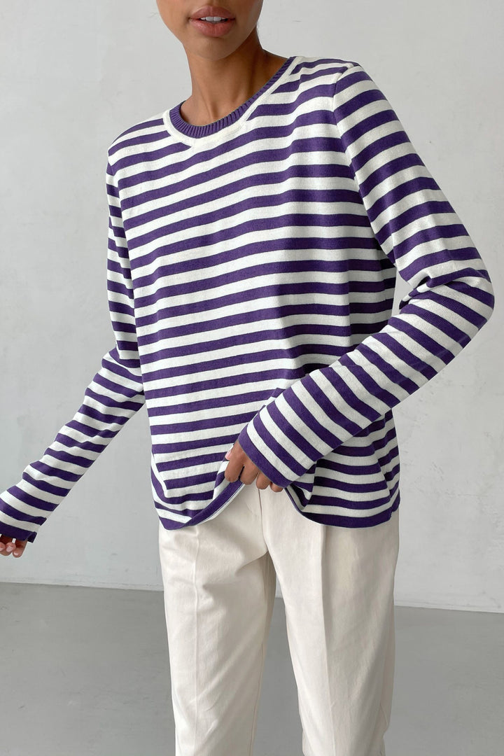 Women's striped cotton sweater with round neck and relaxed fit Mune Fashion