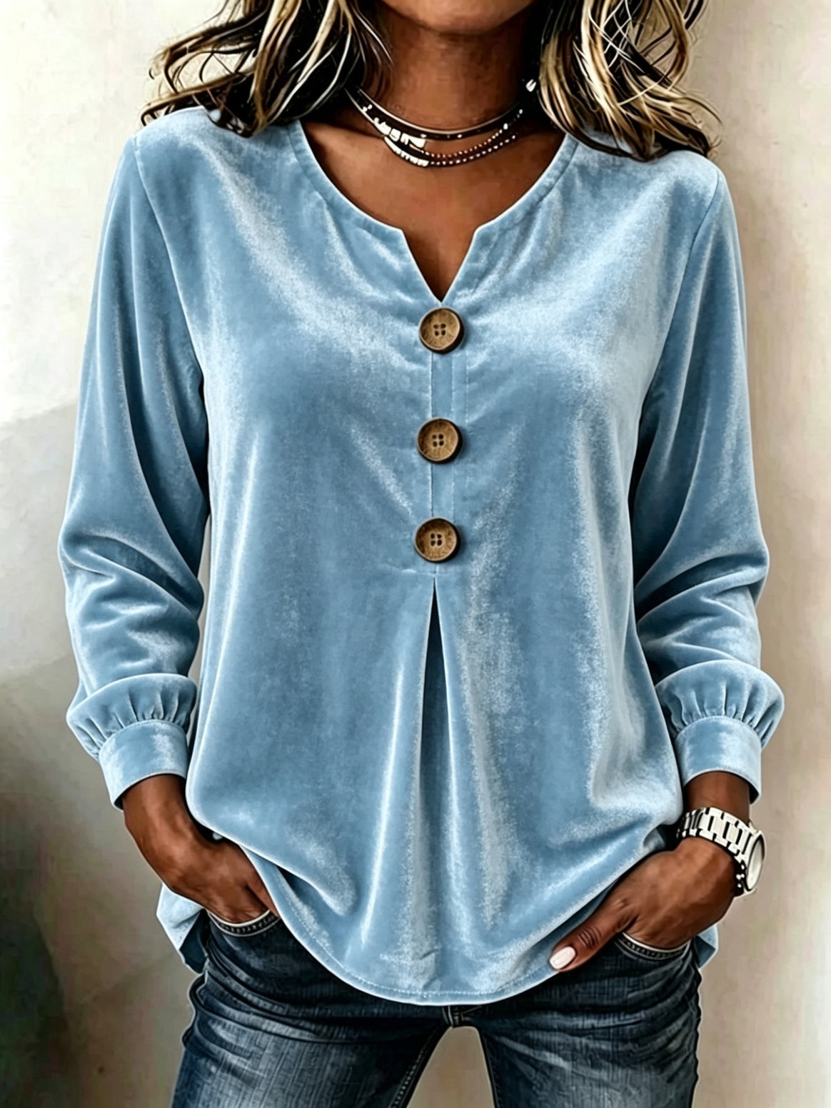 Women's Velvet Tunic with Decorative Buttons and Gathered Sleeve Cuffs Mune Fashion