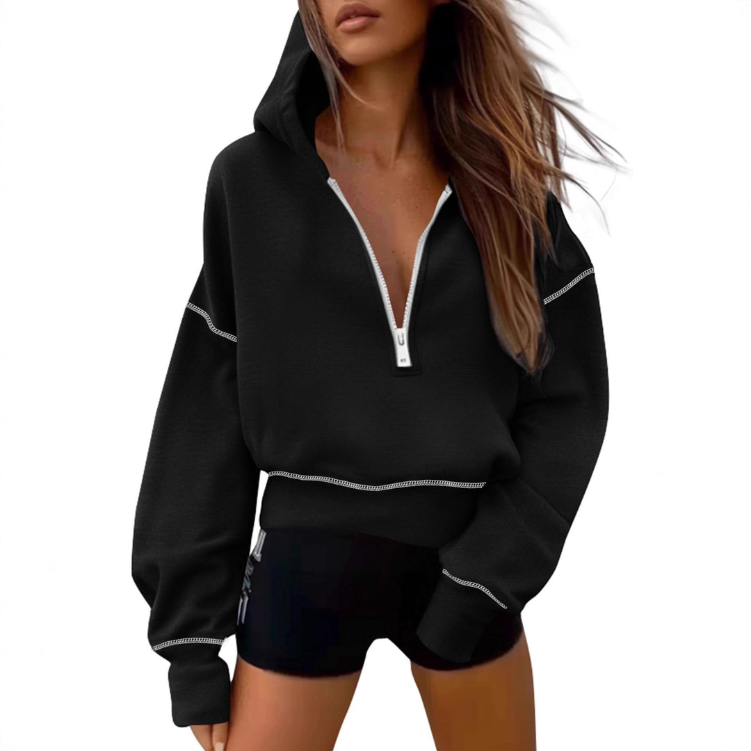 Women's cropped hooded pullover with half zipper and voluminous balloon sleeves Mune Fashion