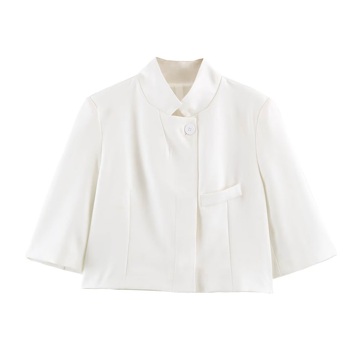 Women Elegant Cropped Jacket with Standing Collar, Concealed Button Placket and 3/4 Sleeves Mune Fashion
