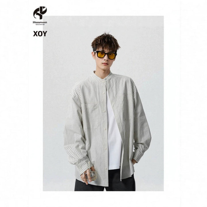 Men's Oversized Shirt with Standing Collar and Fine Pinstripe Mune Fashion