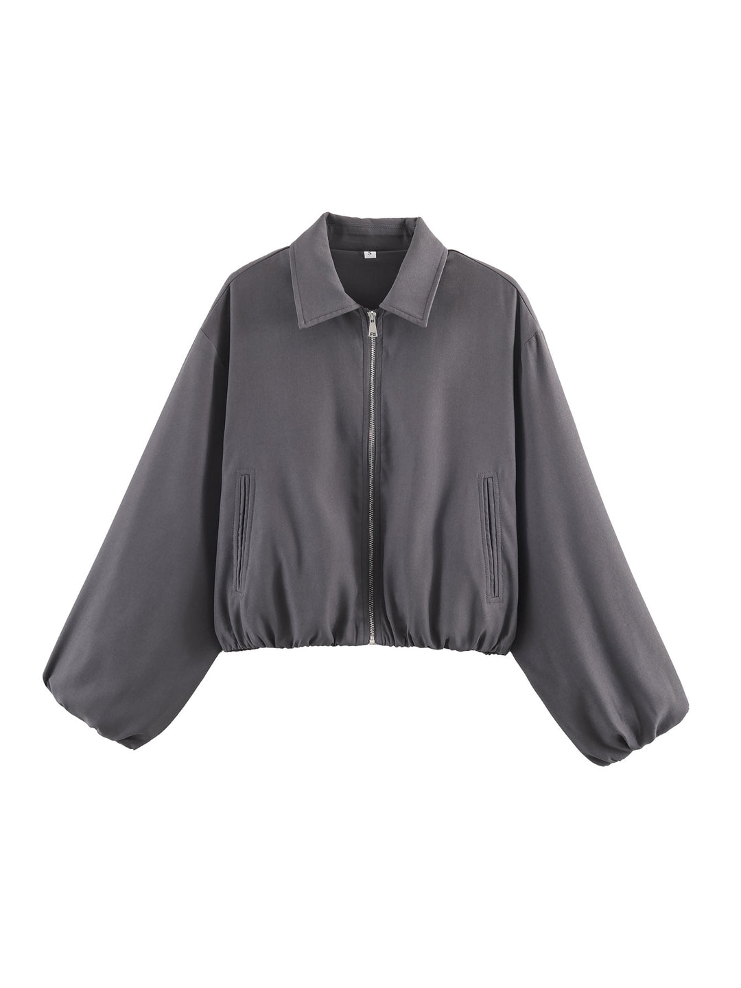 Women's Cropped Bomber Jacket with Balloon Sleeves, Elastic Hem and Lapel Collar Mune Fashion