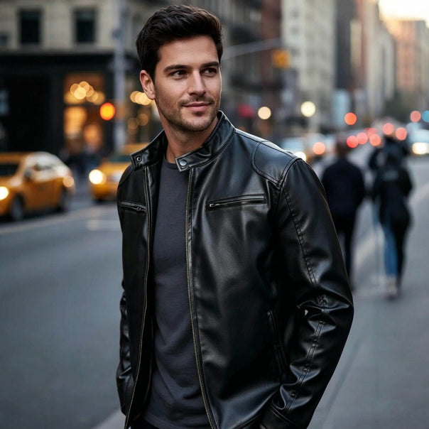 Men's Biker-Style Faux Leather Jacket with Stand Collar and Zipper Pockets Mune Fashion
