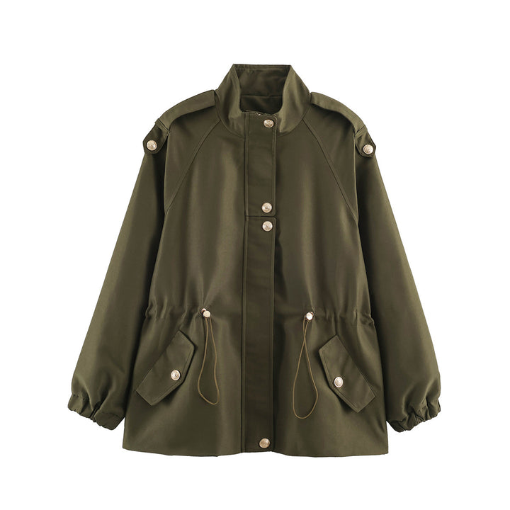Women's short jacket in utility style with drawstring, raglan sleeves and metal button placket Mune Fashion
