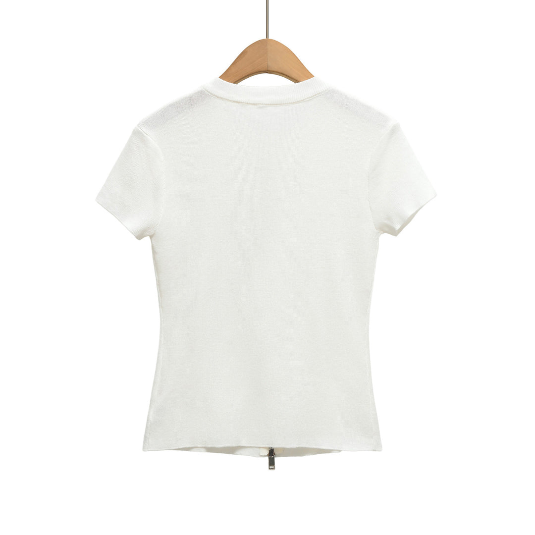 Women's Short Sleeve Fine Knit Top with Continuous Zipper Mune Fashion