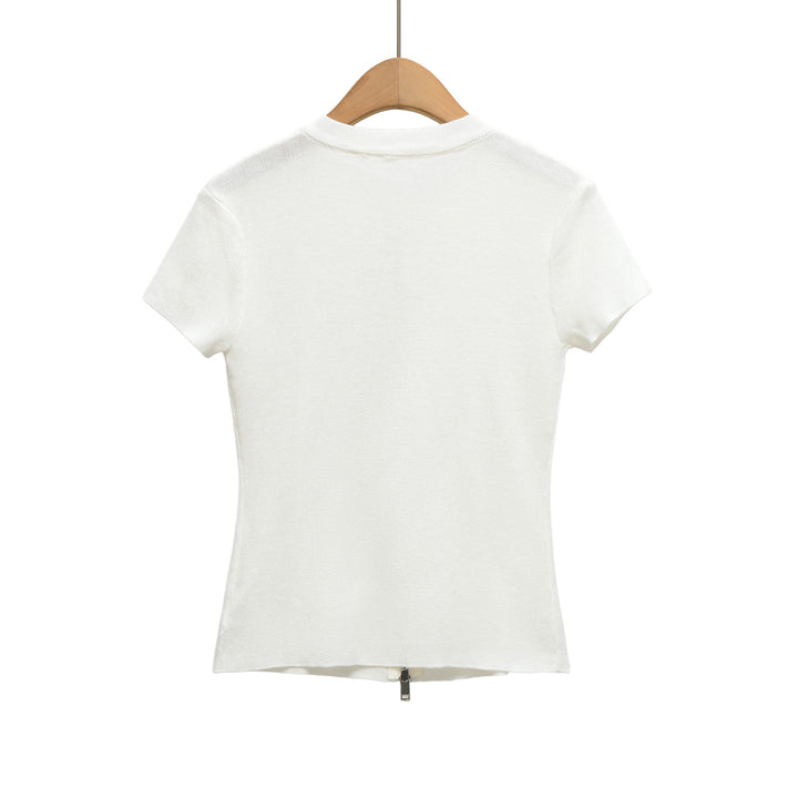 Women's Short Sleeve Fine Knit Top with Continuous Zipper Mune Fashion