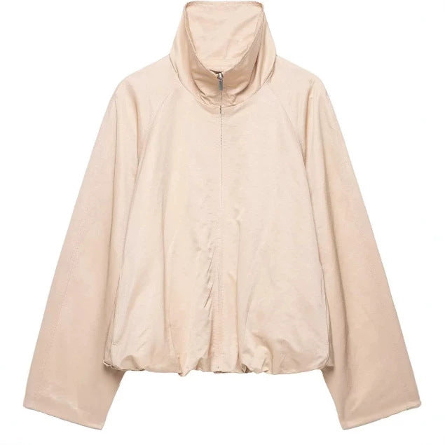 Women Short Blouson made of Artificial Leather with Double-Breasted Button Placket and Shoulder Cape Mune Fashion