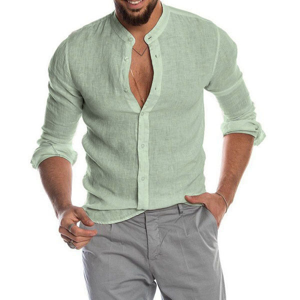Men's linen shirt with stand-up collar, continuous button placket, and casual slim-fit cut Mune Fashion