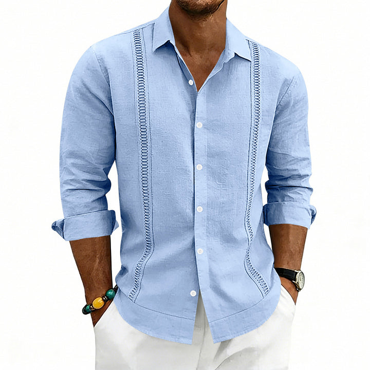 Men's casual linen blend shirt with vertical decorative stripes, Kent collar and relaxed fit Mune Fashion