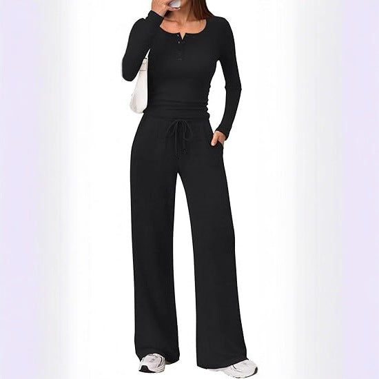 Women's Two-Piece Fine Knit Lounge Set with Henley Top and Palazzo Pants Mune Fashion