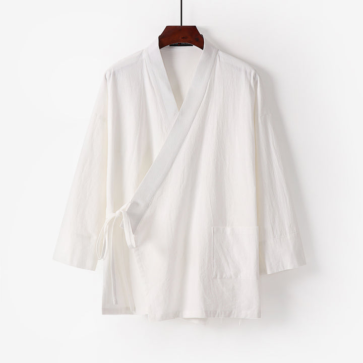 Ladies Kimono Cardigan made of cotton-linen with three-quarter sleeves, tie belt and patch pockets Mune Fashion