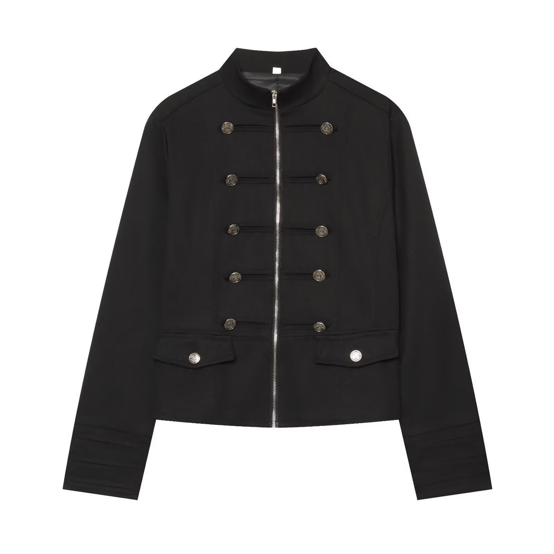 Women's Military Inspired Short Jacket with Stand-Up Collar and Decorative Buttons Mune Fashion