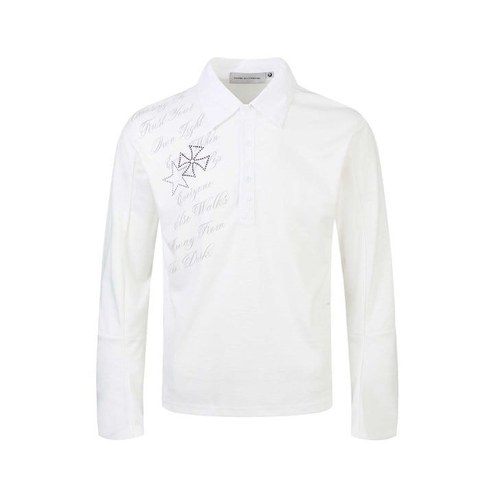 Women's Polo Shirt-Long Sleeve Shirt with Shirt Collar, Text Print and Rhinestone Application Mune Fashion