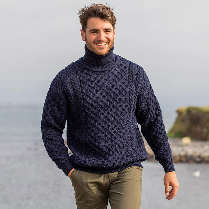 Men's knit pullover with stand-up collar and cable pattern