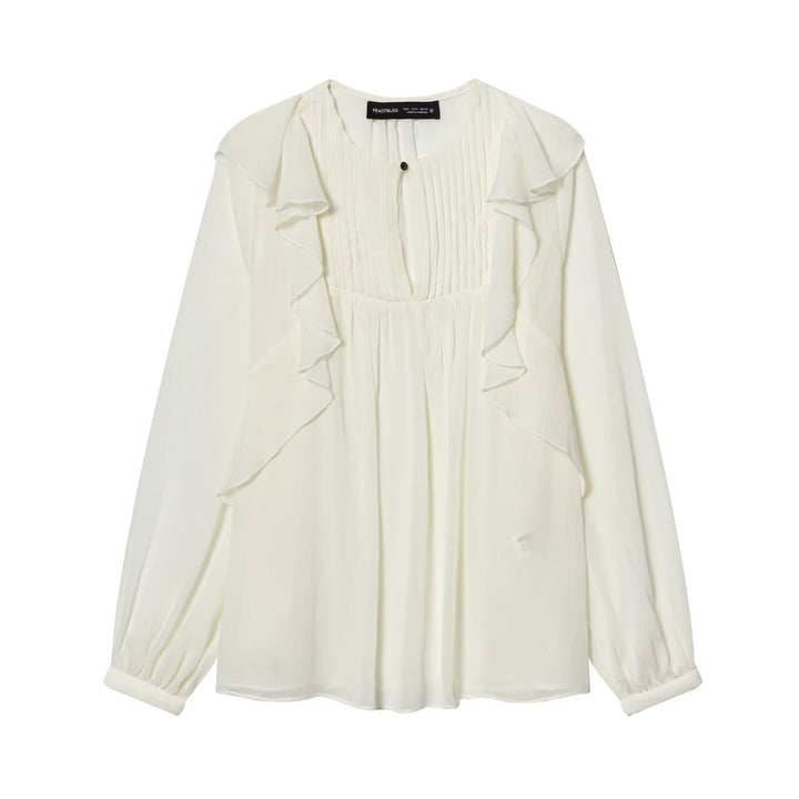 Women’s chiffon blouse with ruffle detail and pleated bust area Mune Fashion