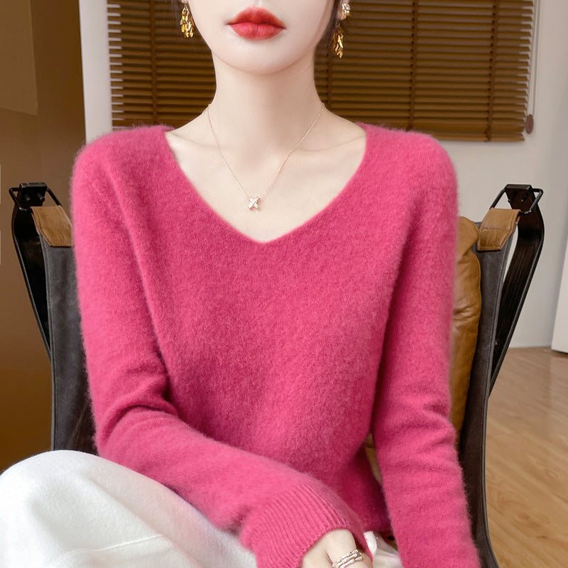 Women's Cozy V-Neck Fine Knit Sweater made of Mohair Mix with Fluffy Surface Mune Fashion