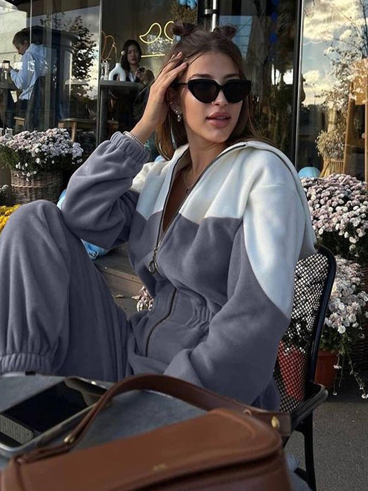 Women's two-piece crop zip hoodie and high-waist relaxed pants with wide leg Mune Fashion