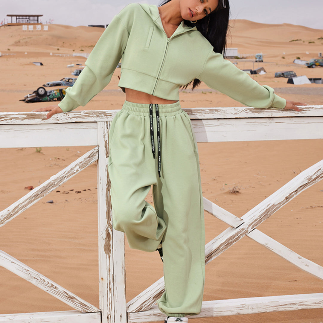 Women's Two-Piece Cropped Zipper Hoodie with Elastic High-Waist Jogging Pants Mune Fashion