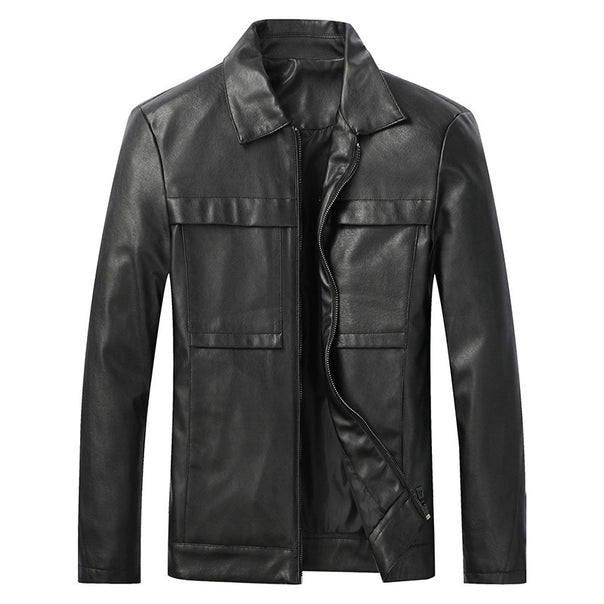 Men's Slim-Fit Leather Look Trucker Jacket with Shirt Collar, Concealed Zipper and Flap Pockets Mune Fashion