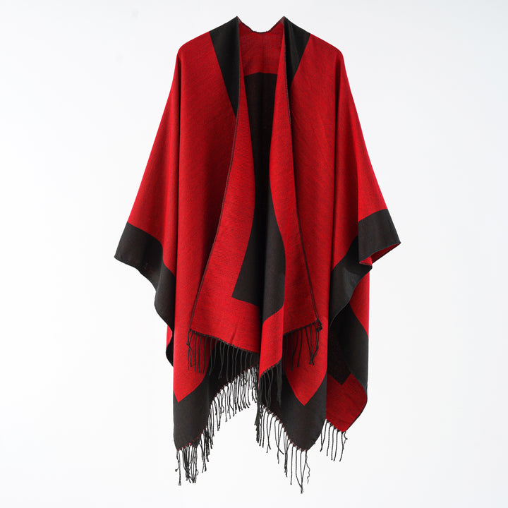Women Oversize Reversible Cape Poncho made of Wool Blend with Fringing Mune Fashion