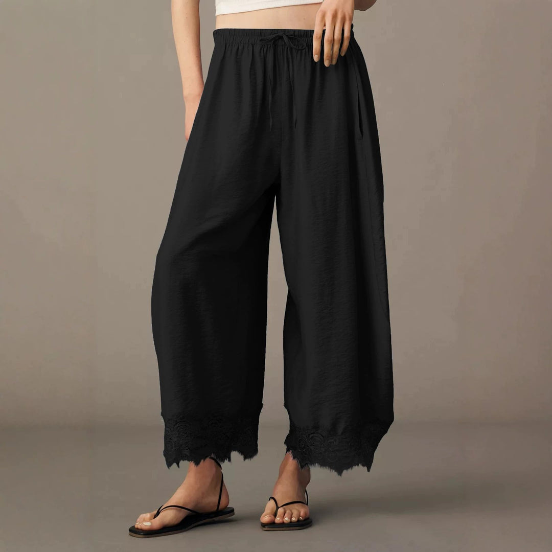Women Wide Palazzo Pants with Elastic Drawstring Waistband and Lace Trim Mune Fashion
