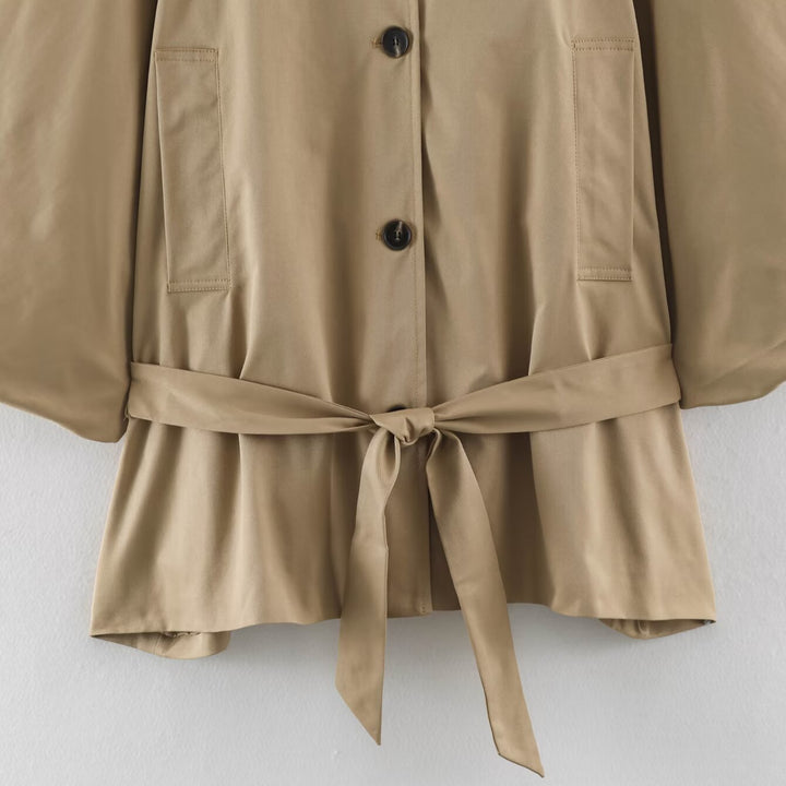 Women Short Cape Trench with Wide Batwing Sleeve, Stand Collar and Waist Belt Mune Fashion