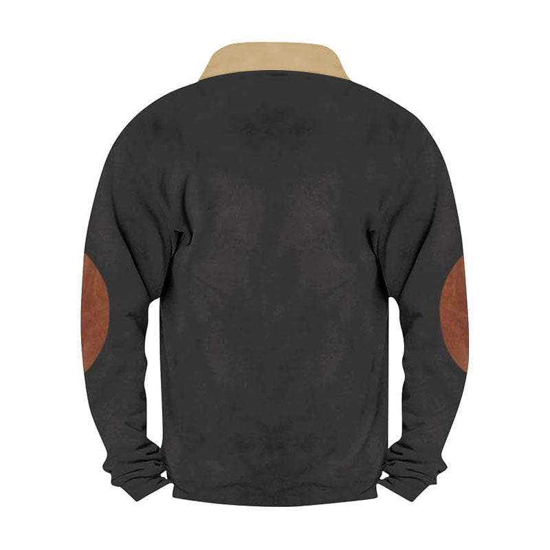 Men Cord-Optic Half-Zip Sweater with Teddy Collar and Elbow Patches Mune Fashion