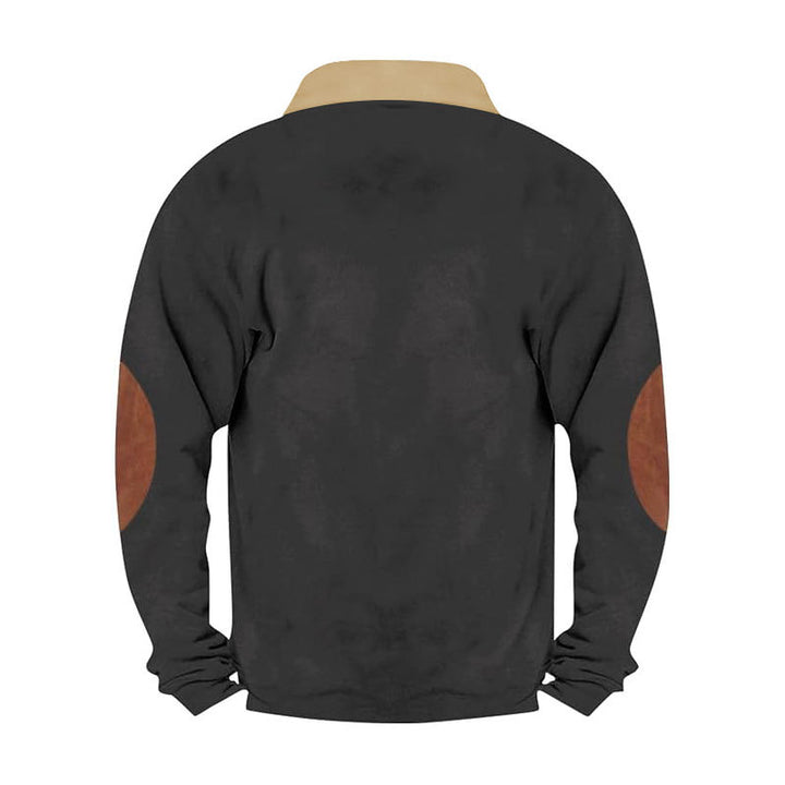 Men Cord-Optic Half-Zip Sweater with Teddy Collar and Elbow Patches Mune Fashion