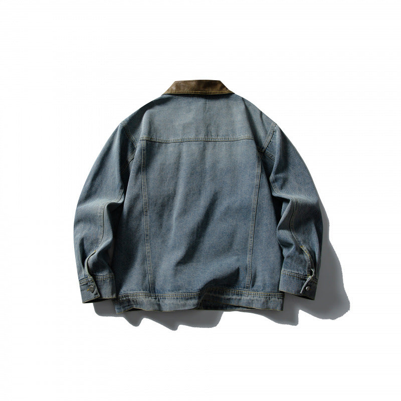 Unisex Boxy Denim Jacket with Leather Collar, Snap Button Placket and Flap Pockets Mune Fashion
