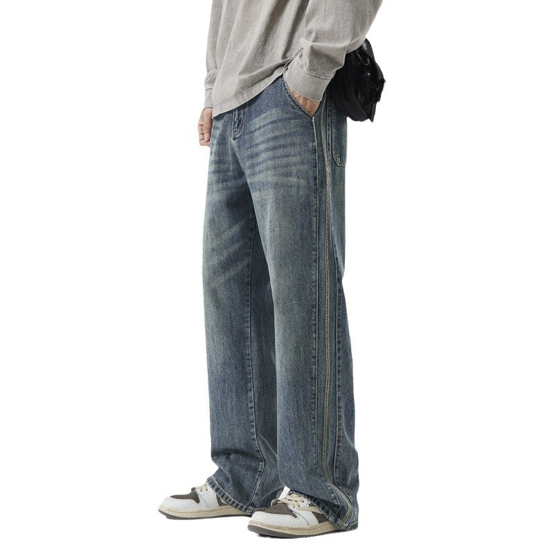 Men's Loose Vintage Denim Jeans with Wash and Straight Leg Mune Fashion