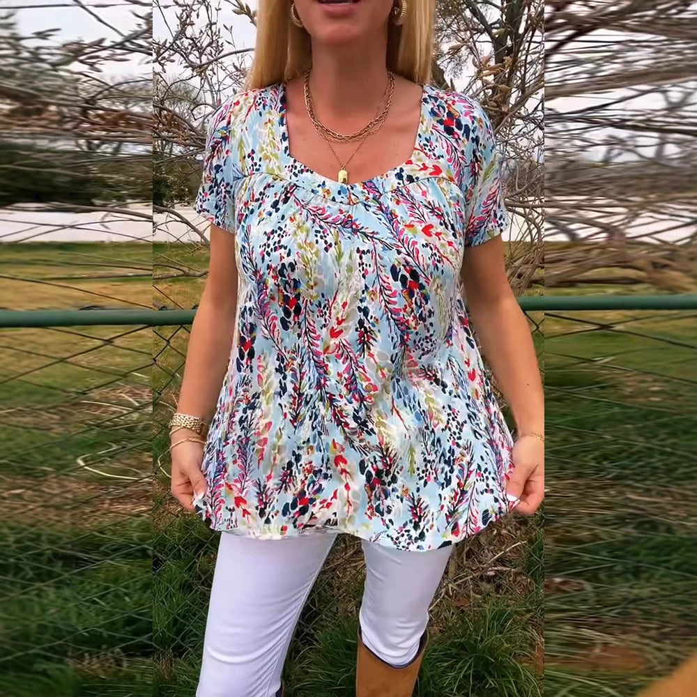 Women's lightweight floral round neck printed shirt with bust pleats and casual hip length Mune Fashion