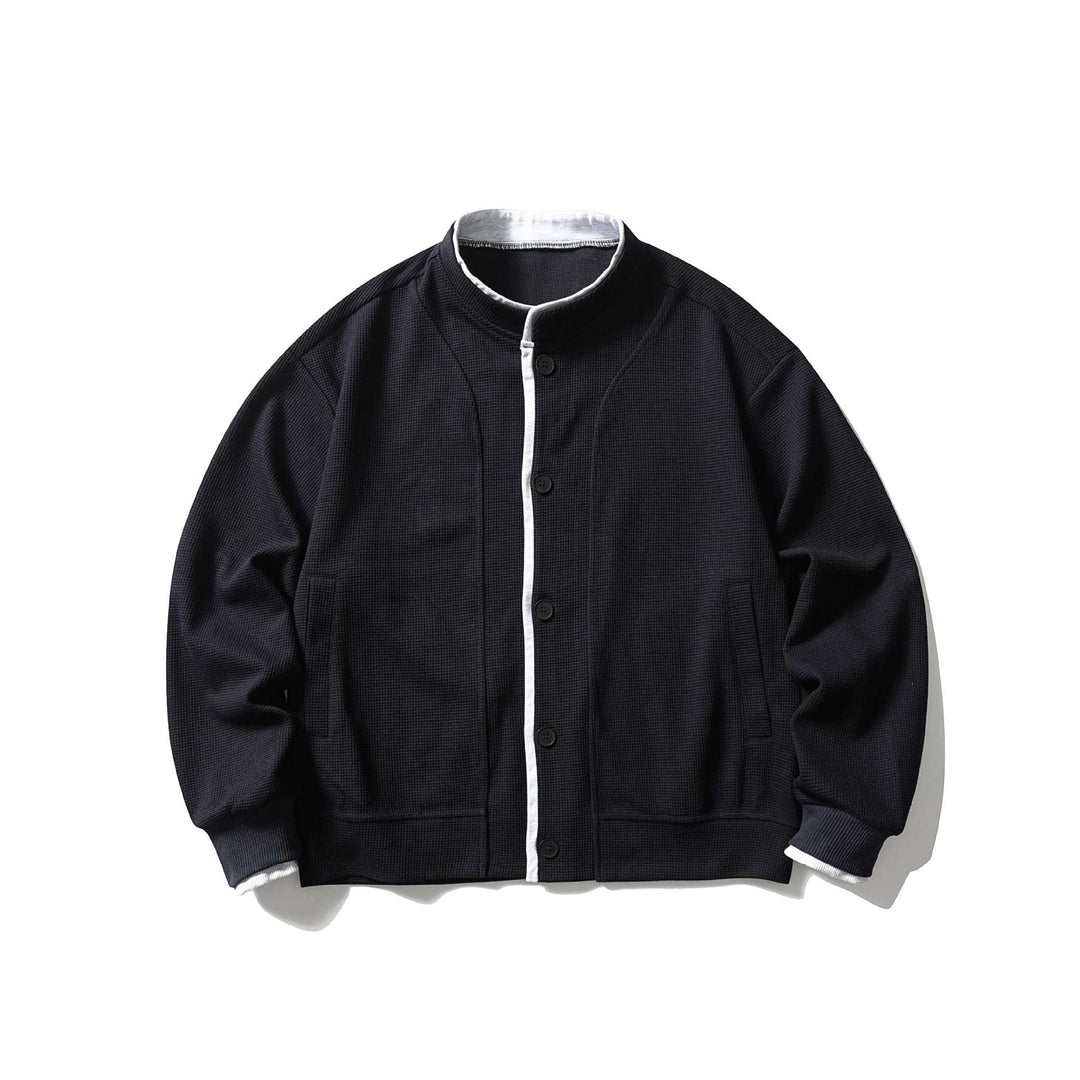 Unisex Short Cut Boxy Blouson Jacket with Waffle Structure, Stand-Up Collar and Contrast Piping Mune Fashion