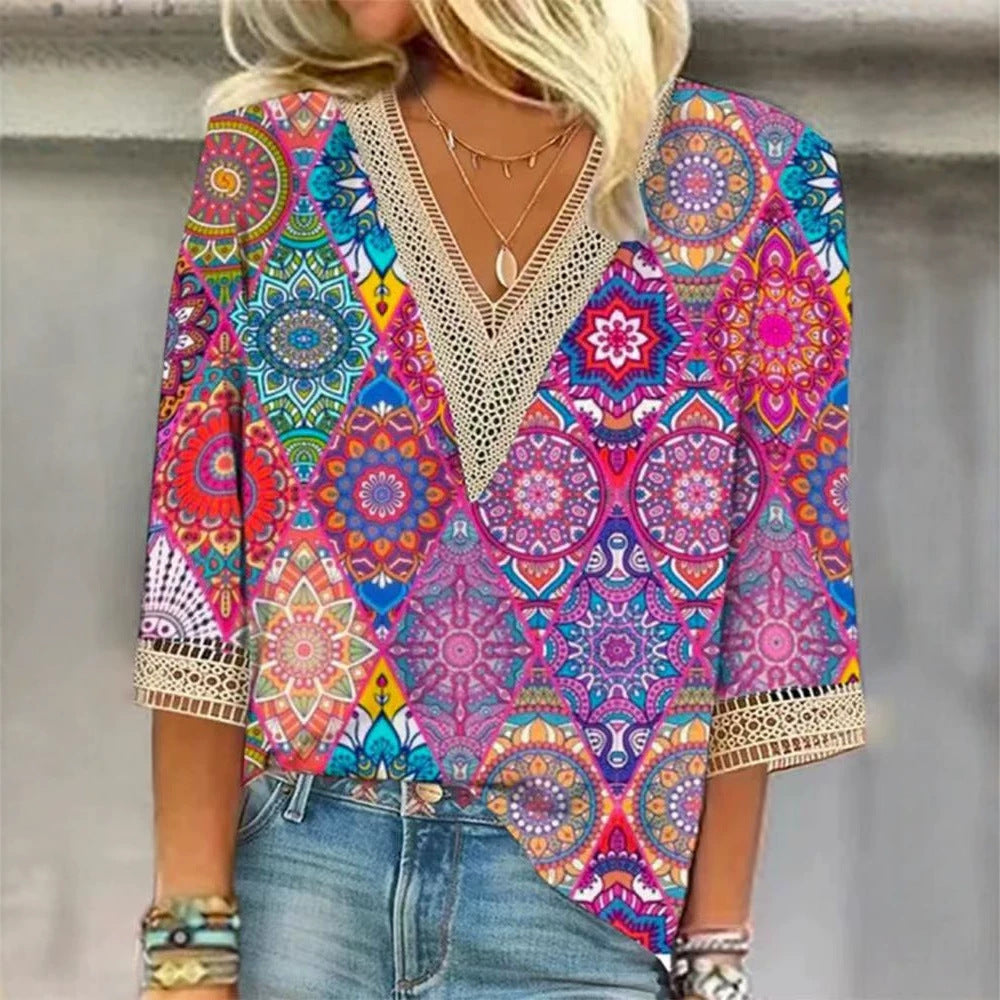 Women's nano locker falling Mandala patchwork tunic with deep V-neckline and crochet lace trim Mune Fashion