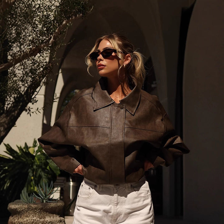 Women Boxy Cropped Faux Leather Blouson with Oversized Shoulder Mune Fashion