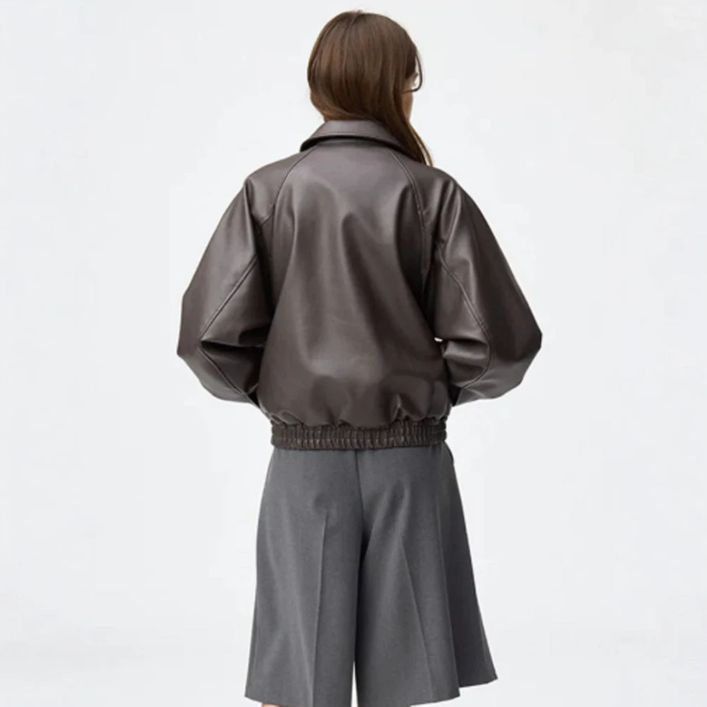 Women Boxy Cropped Faux Leather Jacket with Concealed Zipper and Elastic Hem Mune Fashion