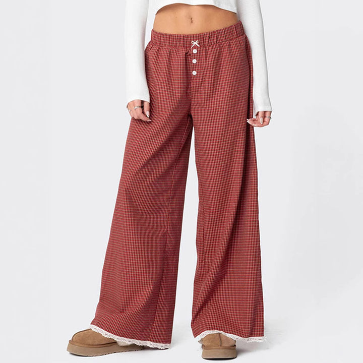 Women's Wide Lounge Pants with Elastic Waistband, Button Placket & Lace Trim Mune Fashion