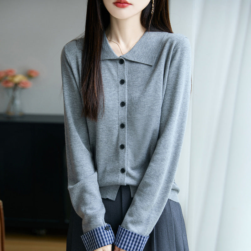 Women's Lightweight Fine Knit Cardigan with Wide Shirt Collar and Front Button Placket Mune Fashion