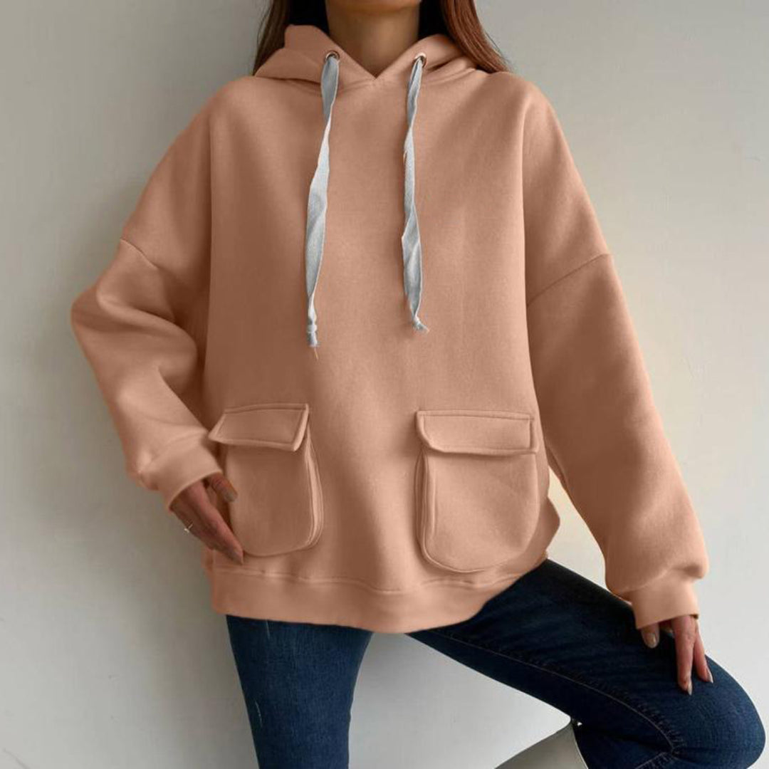 Women's Oversize Hooded Sweater with Patch Pockets and Extra-Long Cords Mune Fashion
