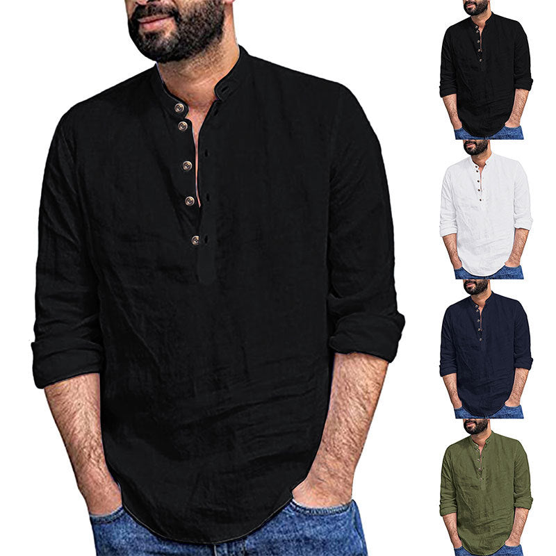 Men's relaxed long sleeve Henley shirt made of breathable linen blend with stand-up collar Mune Fashion