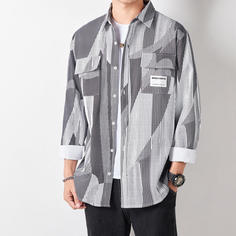 Men's Loose Shirt Jacket in Graphic Pinstripe Mix with Patch Chest Pockets Mune Fashion
