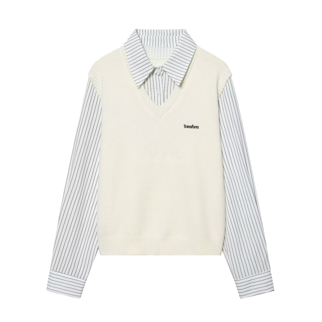 Ladies Layered Look Shirt with V-Neck Knit Vest Mune Fashion
