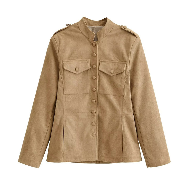 Women's tailored safari jacket in faux suede with flap pockets Mune Fashion