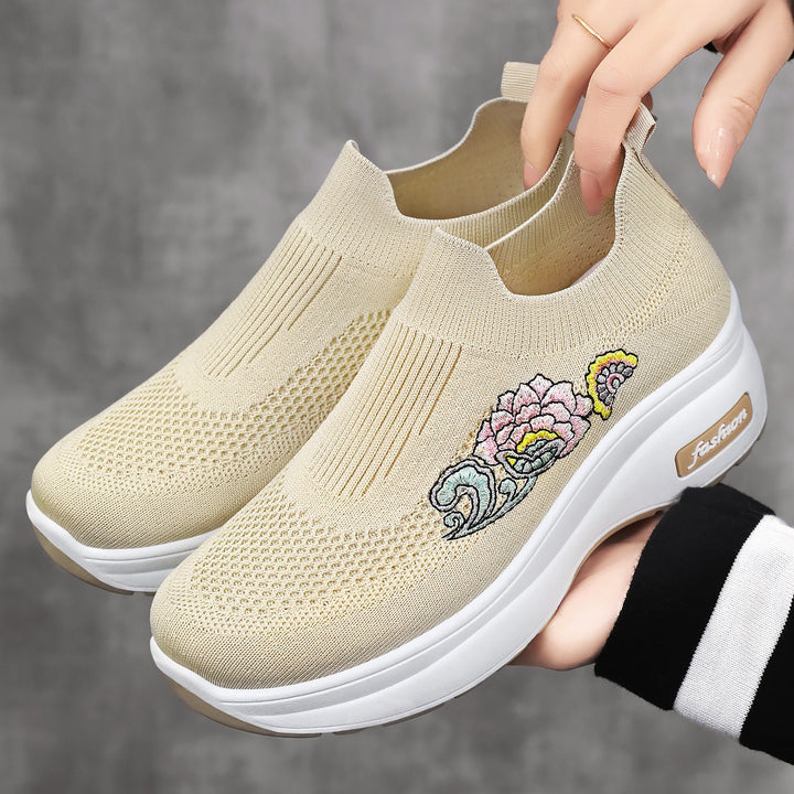 Women's elastic knitted slip-on with embroidered floral motif and supportive wedge outsole Mune Fashion
