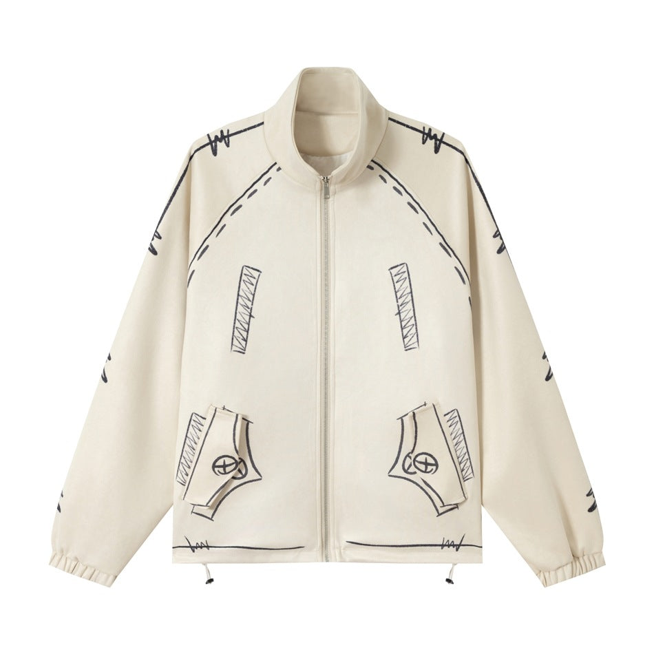Unisex Oversize Fleece Jacket with Stand-Up Collar and Graphic Sketch Print Mune Fashion