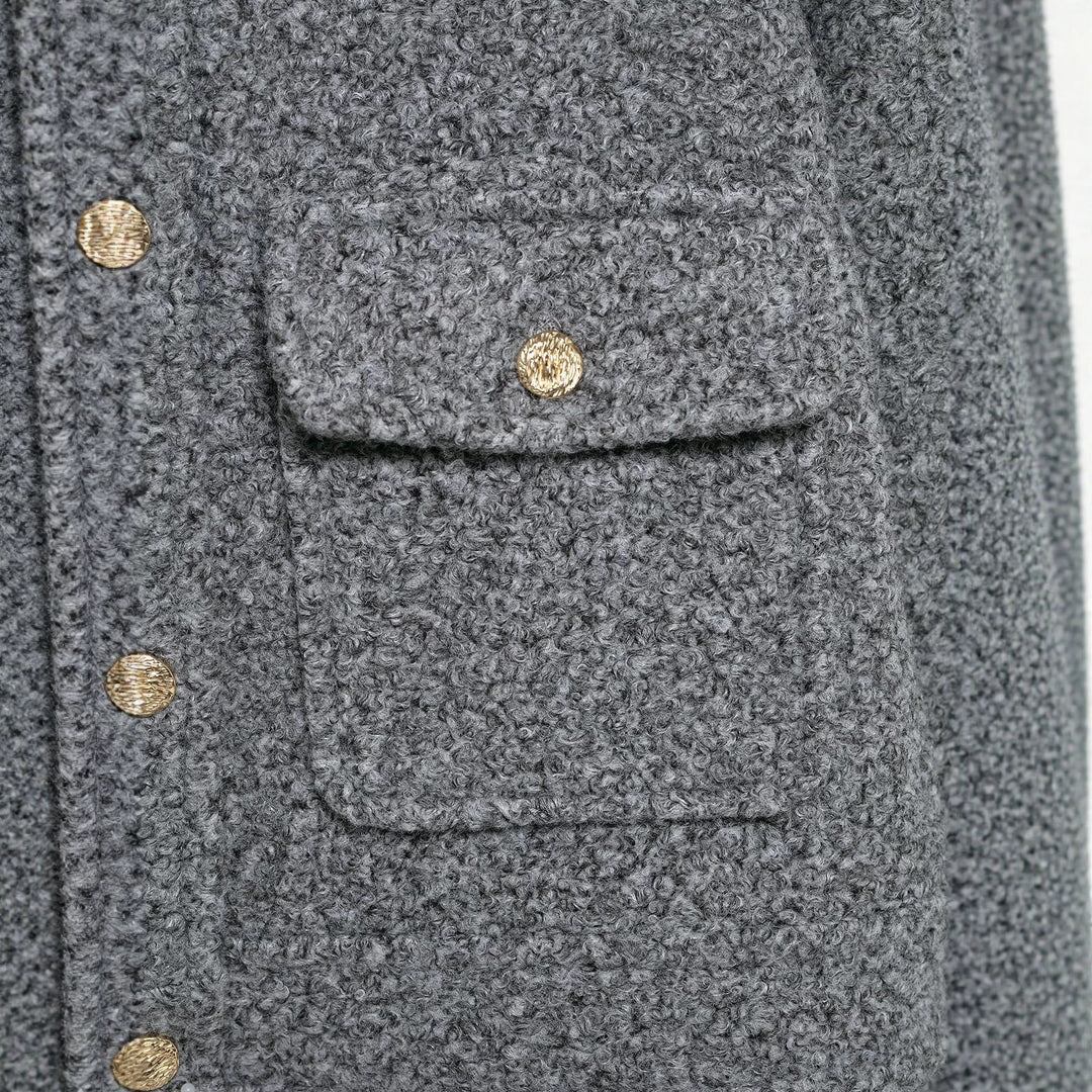 Women Boucle Cropped Jacket with Gold Buttons and Patch Pockets Mune Fashion