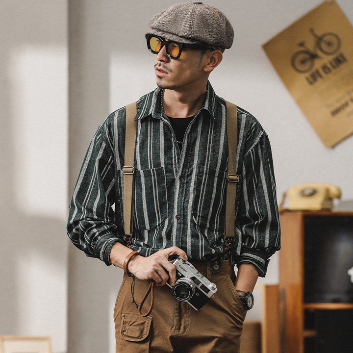 Men Striped Overshirt-Shirt made of Cotton-Linen with Chest Pockets Mune Fashion