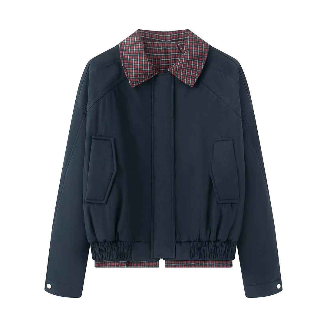 Women's short cut bomber jacket with checked lining, concealed front placket and patch pockets Mune Fashion